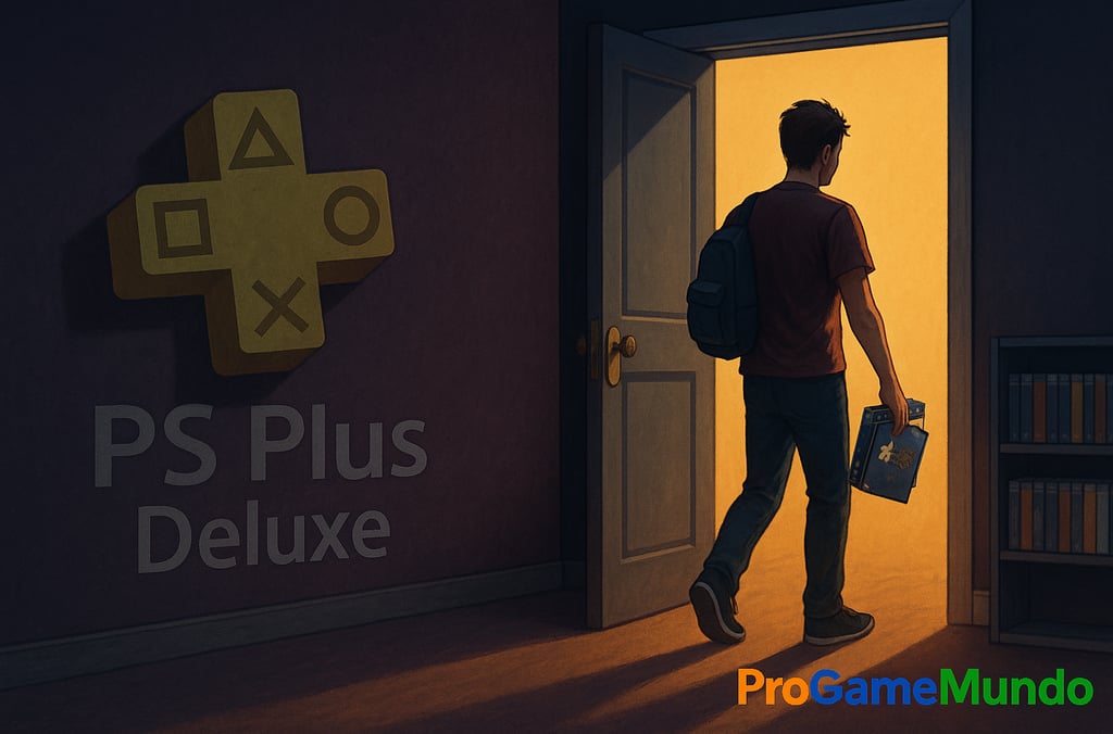 Jogador saindo de um quarto escuro com logo da PS Plus Deluxe, carregando jogos saindo pela porta.