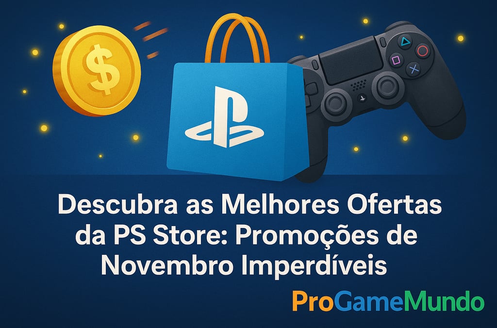 Ilustração horizontal com controle PS4 diante de efeitos luminosos e destaque para promoções da PS S
