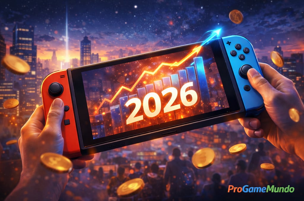 Console portátil exibindo 2026 com gráfico de crescimento e moedas flutuando