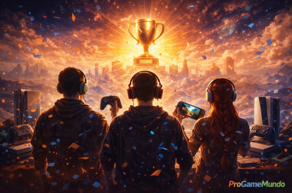 Jogadores diante de troféu dourado simbolizando vitória da indústria em 2026