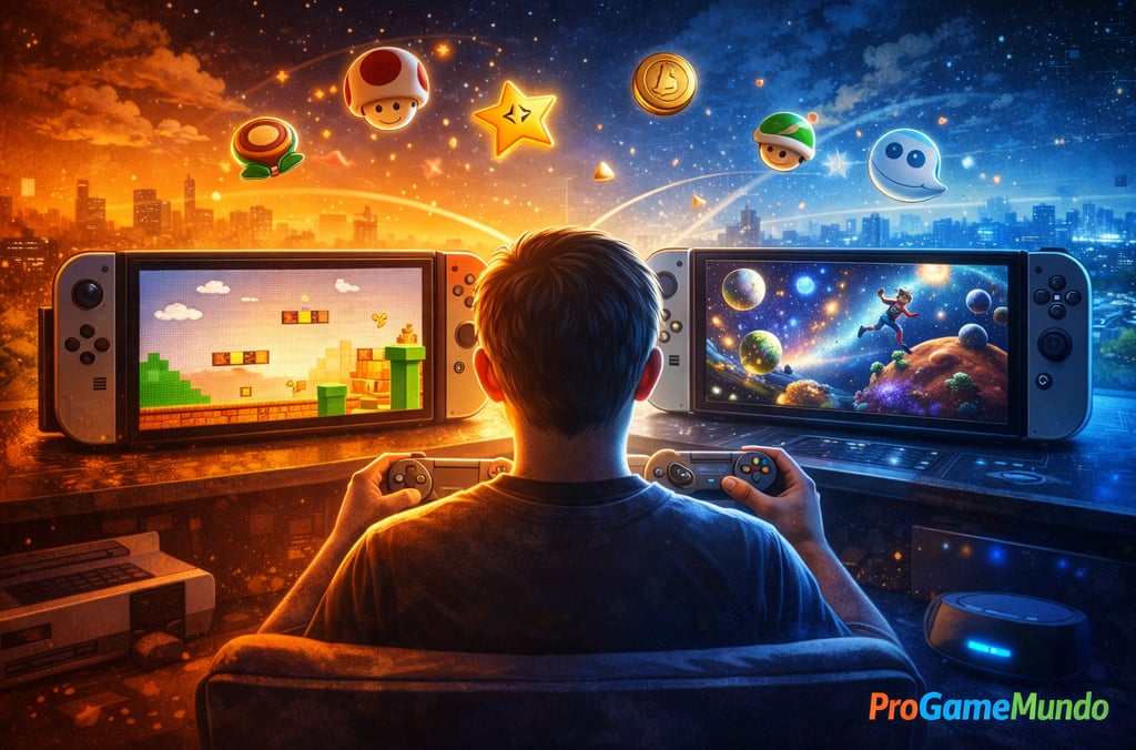 Jogador diante de telas com visual retrô e moderno em cenário noturno.