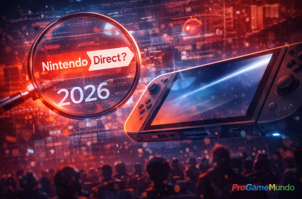 Lupa destaca “Nintendo Direct?” e “2026” ao lado de console portátil futurista