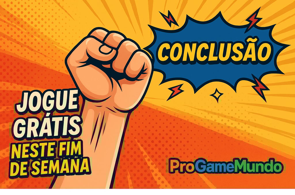 Ilustração estilo pop art com punho levantado e destaque para conclusão do artigo sobre jogos grátis