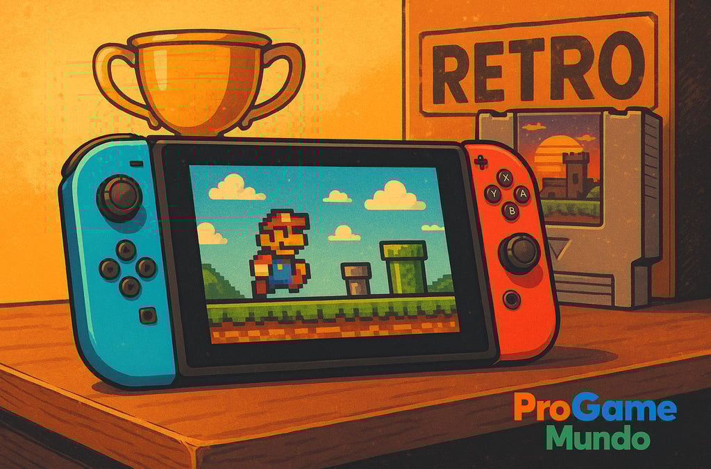 Nintendo Switch com jogo retrô ao lado de cartucho e troféu.