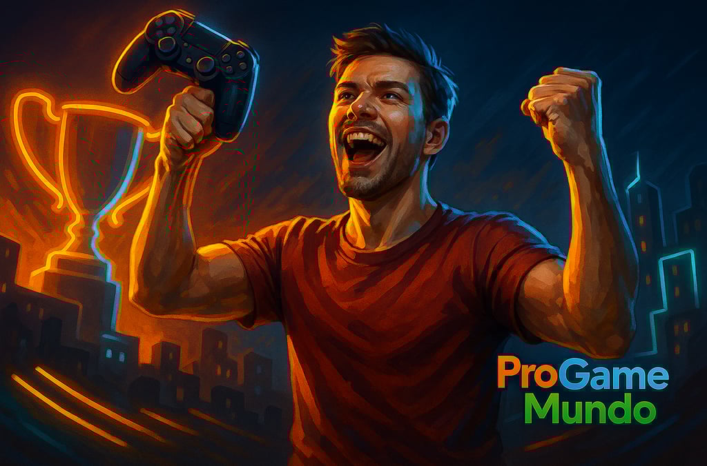 Jogador comemorando vitória com controle na mão e troféu iluminado ao fundo.
