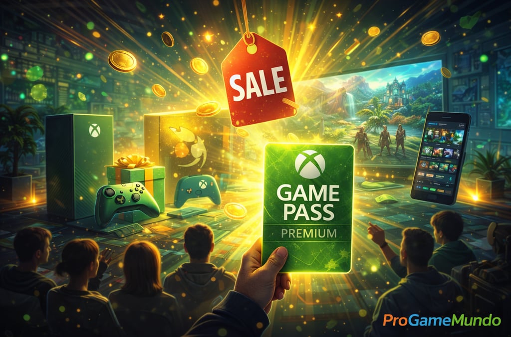 Cartão de Game Pass com ícone de campanha, console, celular e moedas ao fundo