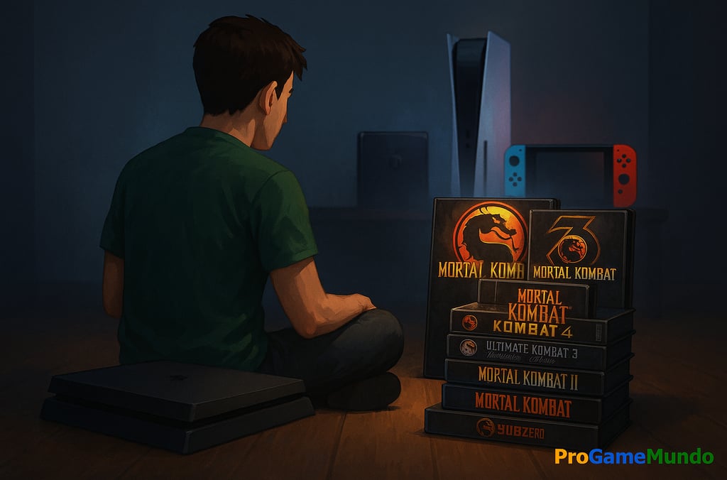 Jogador diante de um PS4 apagado, olhando para clássicos de Mortal Kombat enquanto PS5 e Nintendo.