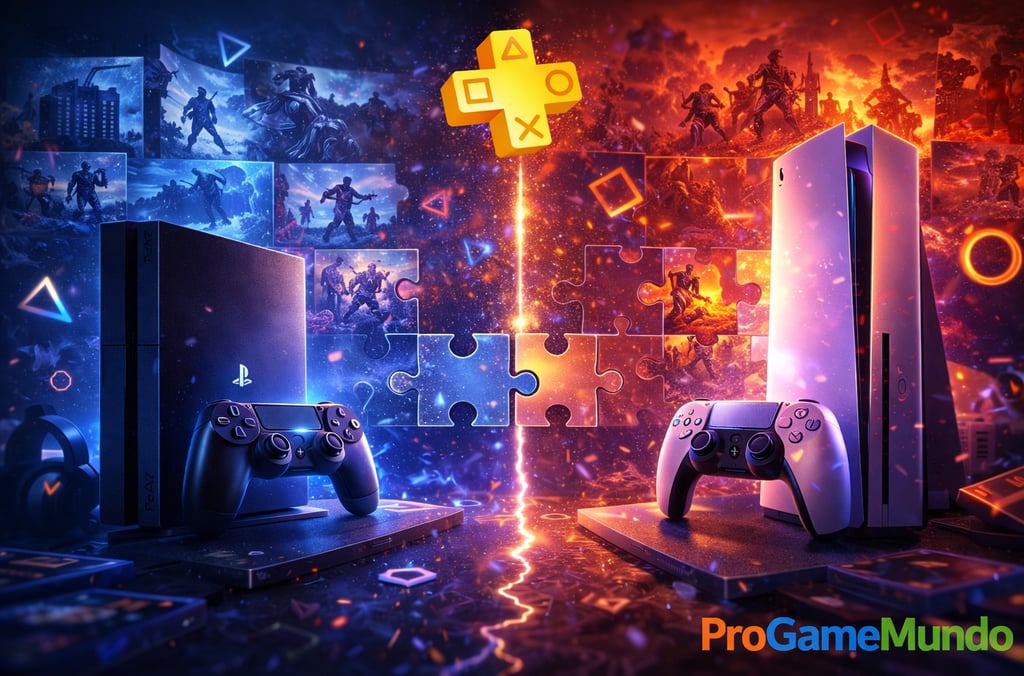 Ilustração de PS4 e PS5 lado a lado simbolizando transição entre gerações.