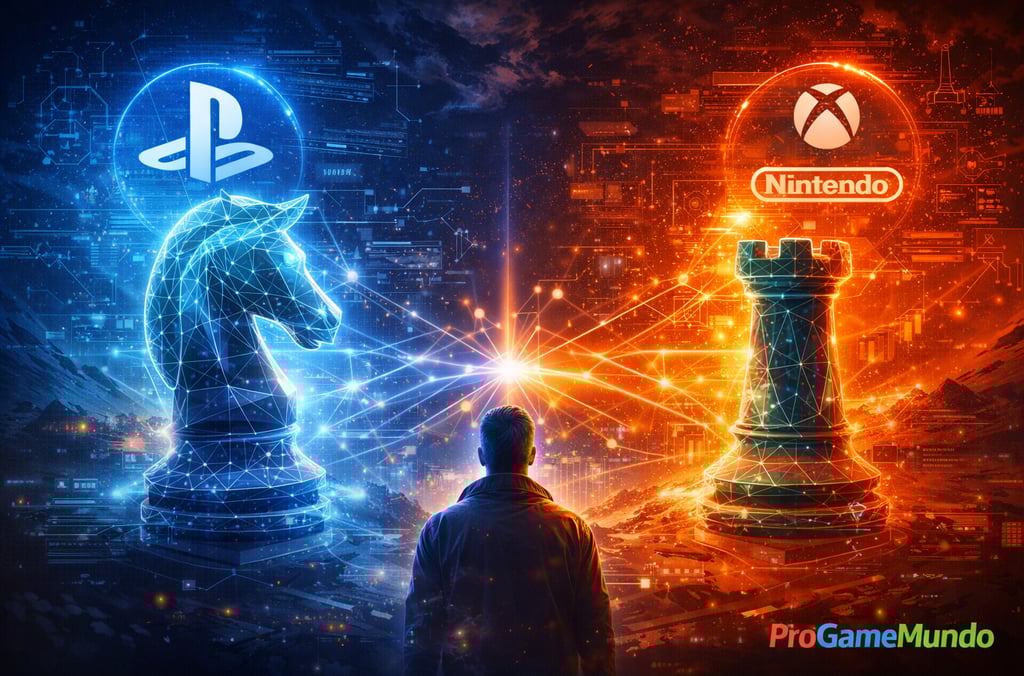 Peças de xadrez digitais simbolizam disputa estratégica no mercado gamer.