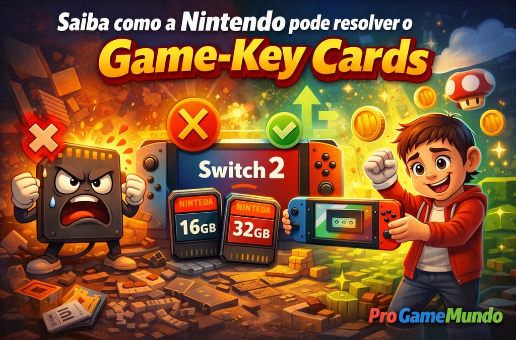 Nintendo Switch 2 com cartuchos de 16 GB e 32 GB simbolizando solução para Game-Key Cards.