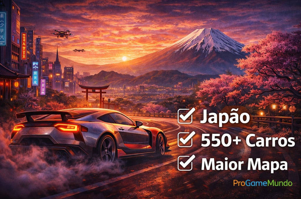 Carro esportivo em curva com Monte Fuji ao fundo e texto de destaques do jogo