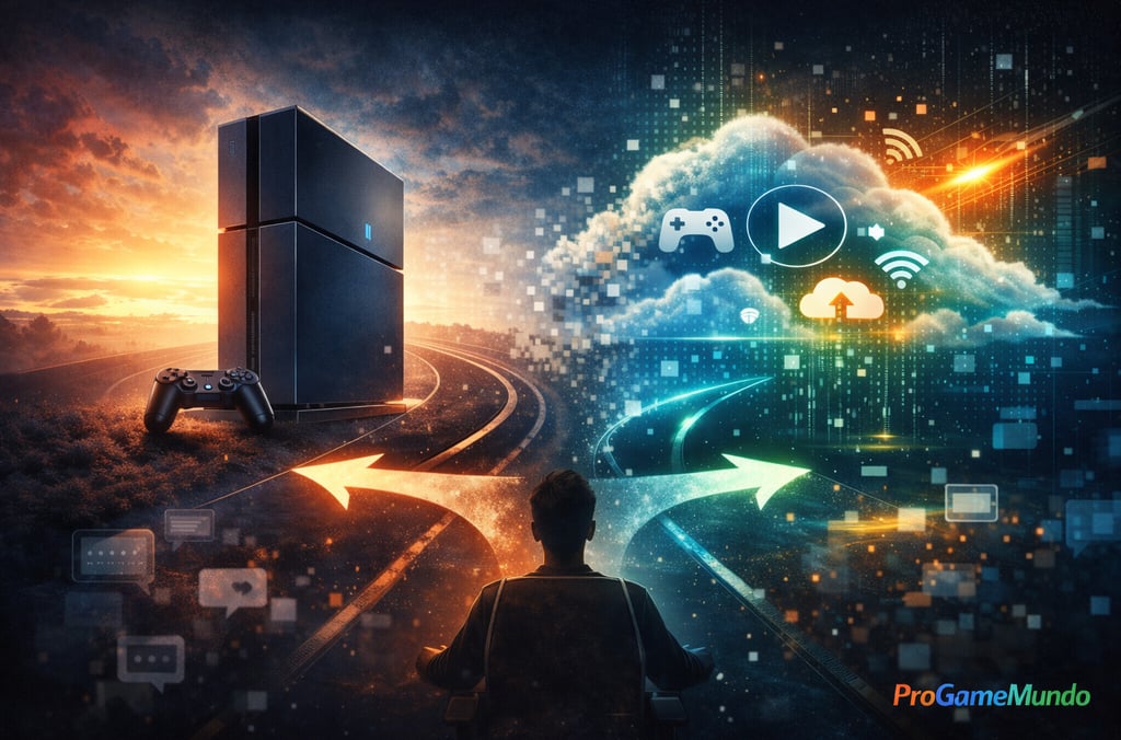 Bifurcação entre console físico e nuvem digital em cenário futurista.