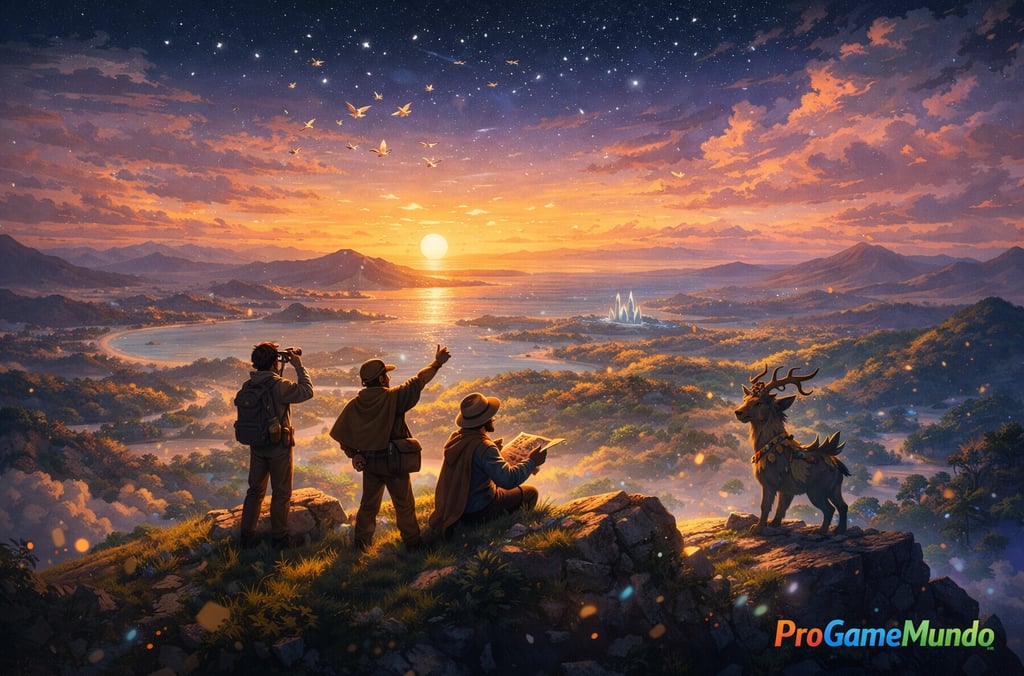 Exploradores observam vasto mundo de fantasia ao pôr do sol em um penhasco.