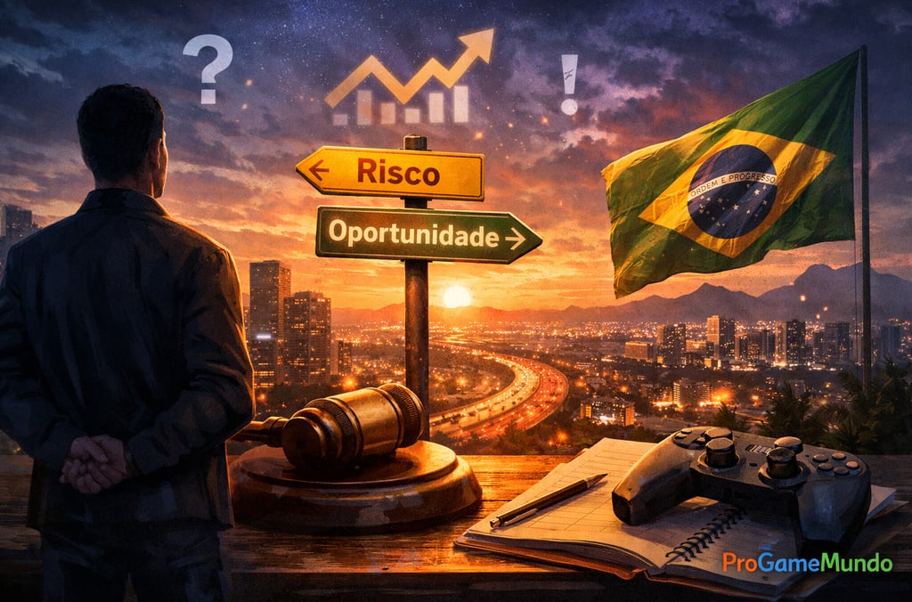 Homem observa cidade com bandeira do Brasil, martelo e controle em mesa.