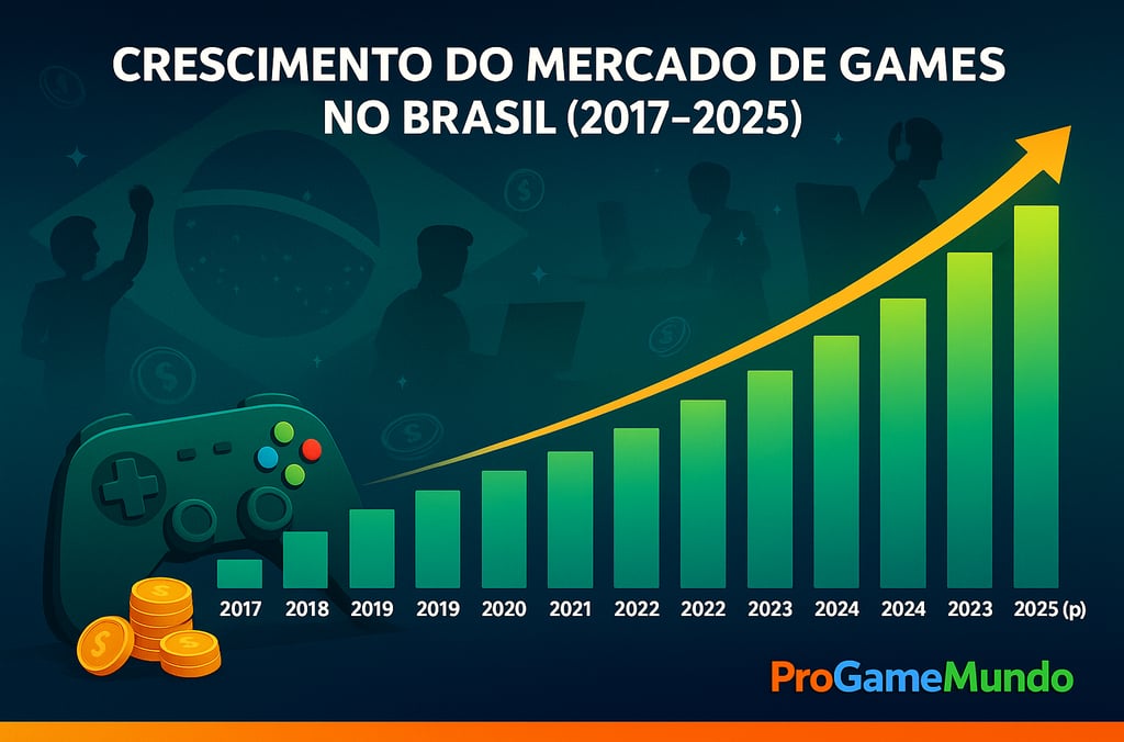 Gráfico mostra crescimento do mercado de games no Brasil com barras ascendentes de 2017 a 2025.