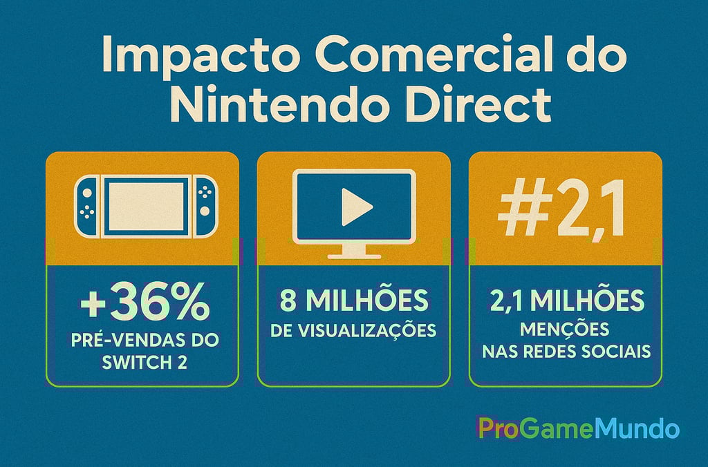Infográfico com dados sobre pré-vendas, visualizações e menções nas redes após o Nintendo Direct.