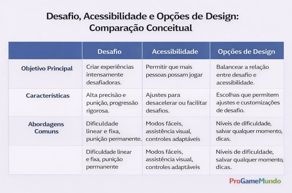 Quadro comparando dificuldade, acessibilidade e opções de design nos jogos digitais