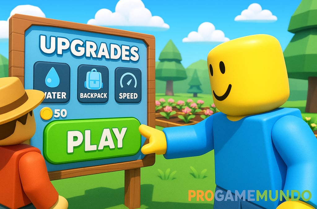 Personagem pressiona o botão PLAY ao lado de painel de upgrades em Grow a Garden