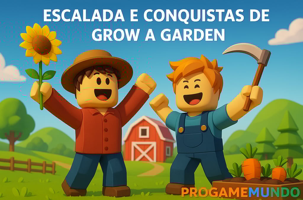 Avatares comemorando as conquistas de Grow a Garden em frente ao celeiro