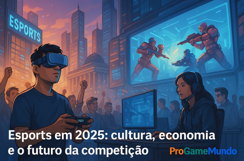 Jogador em realidade virtual em meio à cidade digital dos esports