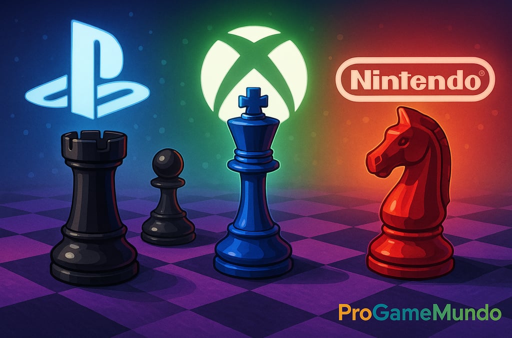 Peças de xadrez com logotipos da Sony, Xbox e Nintendo representam suas estratégias distintas.