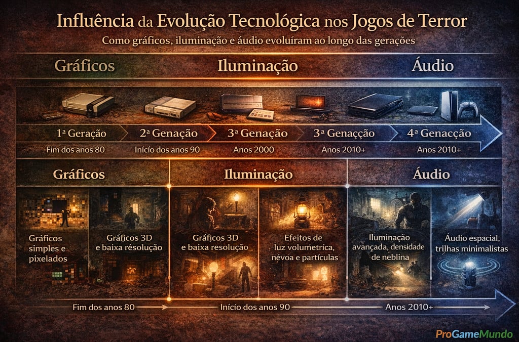Mostrando como gráficos iluminação e áudio evoluíram e influenciaram o design dos games de terror.