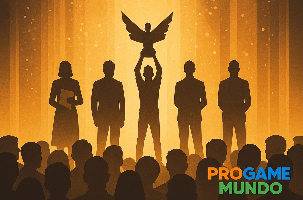 Cena estilizada de premiação com público e cinco indicados, um deles erguendo um troféu dourado