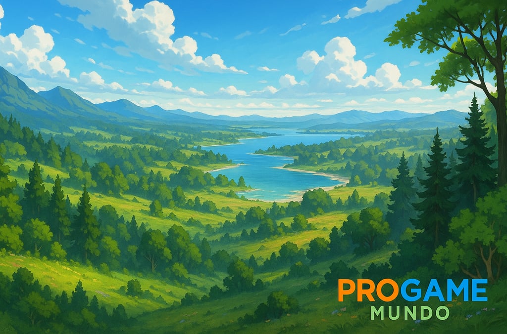 Paisagem digital mostra colinas verdes, floresta densa e rio sob céu azul
