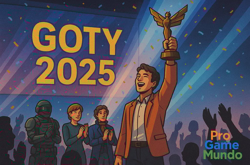 Cena horizontal celebra o vencedor do GOTY 2025 erguendo troféu no palco, com público, confetes