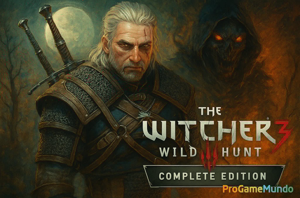 Geralt empunha espada com uma criatura sombria ao fundo e lua cheia no céu.