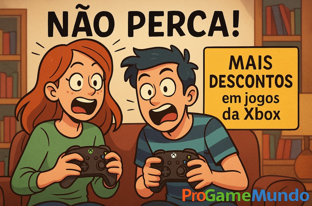 Dois jogadores animados segurando controles com letreiro “NÃO PERCA! Mais descontos em jogos da Xbox