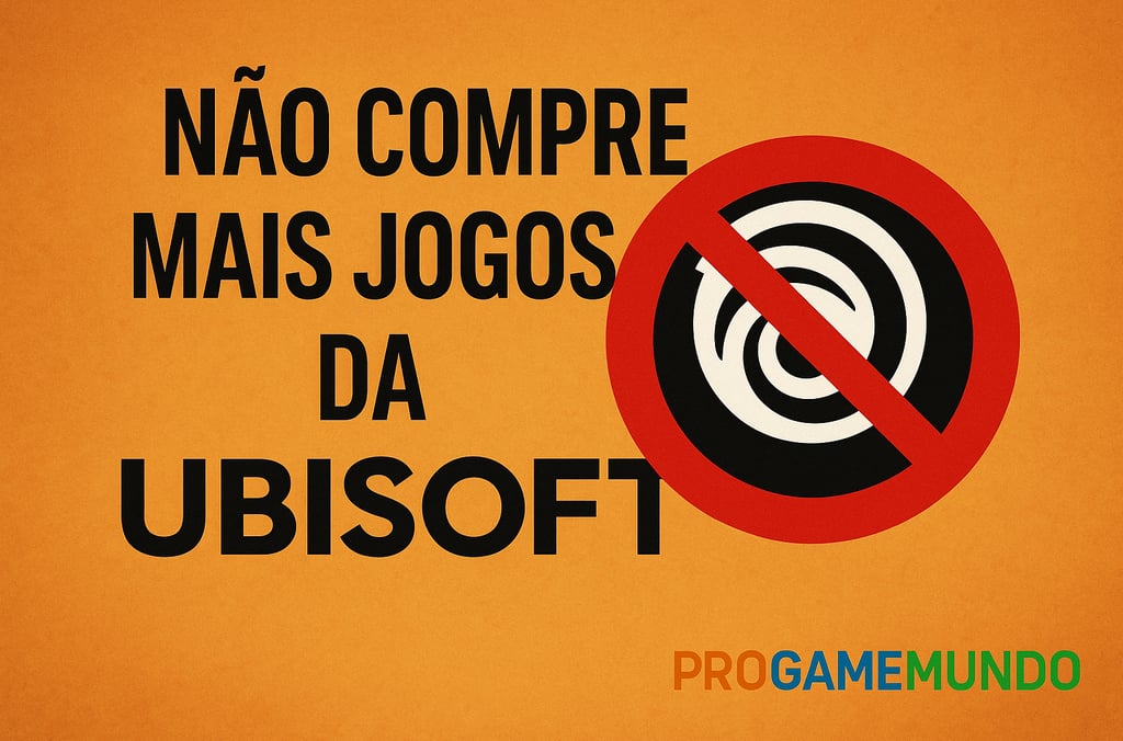 Mensagem contra Ubisoft com símbolo de proibição sobre o logo e fundo laranja.