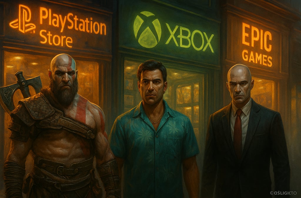 heróis consagrados sob luzes de neon, representando as grandes plataformas digitais de jogos.
