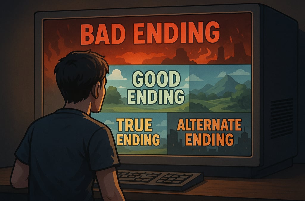 Jogador visualiza múltiplos finais alternativos após retroceder no jogo.