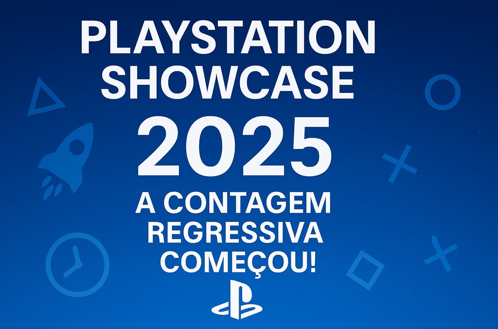 Contagem regressiva para o PlayStation Showcase 2025 com ícones e fundo azul.
