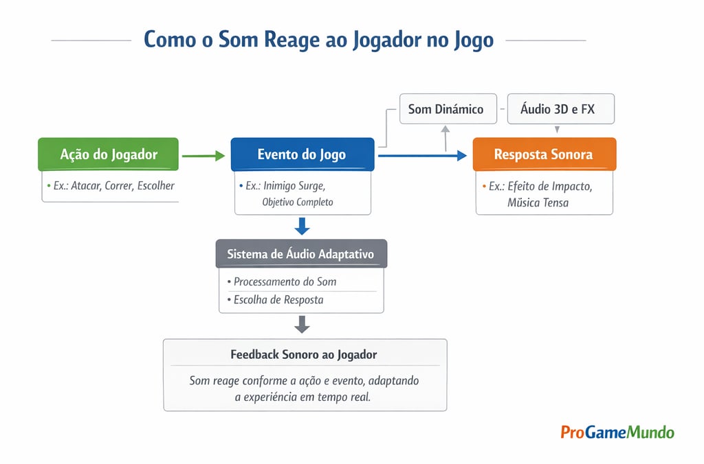 Fluxograma do áudio adaptativo em games da ação à resposta sonora.