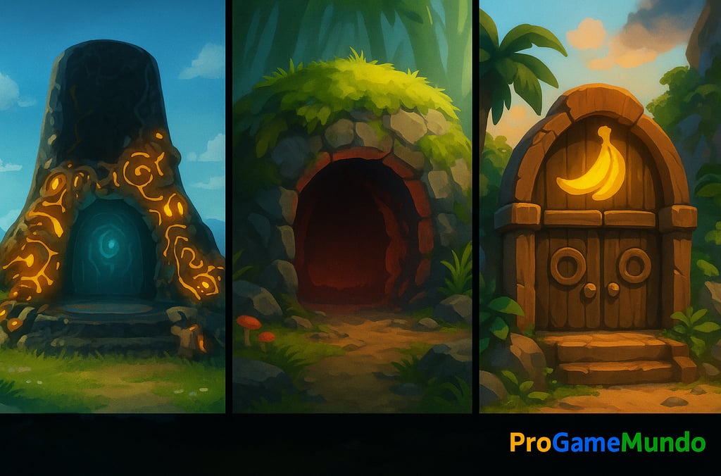 Tríptico 16:9 com shrine, caverna e porta-bônus