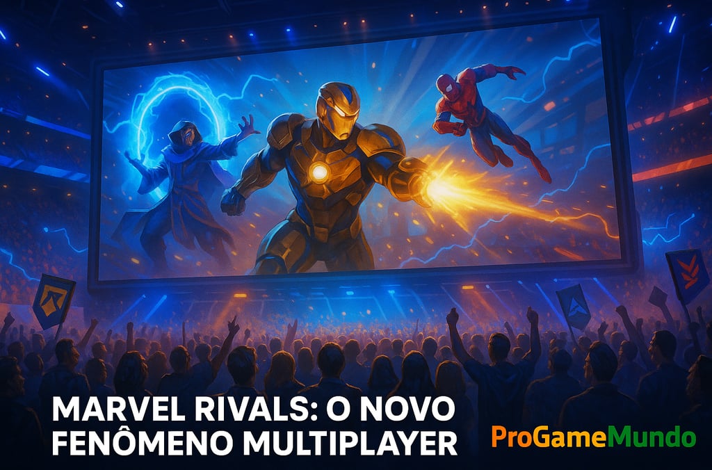 Arena futurista lotada com público vibrando diante de telão mostrando batalha multiplayer.