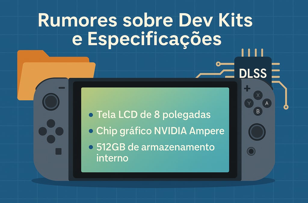 Infográfico com rumores e especificações técnicas do Nintendo Switch 2, incluindo DLSS e 4K.