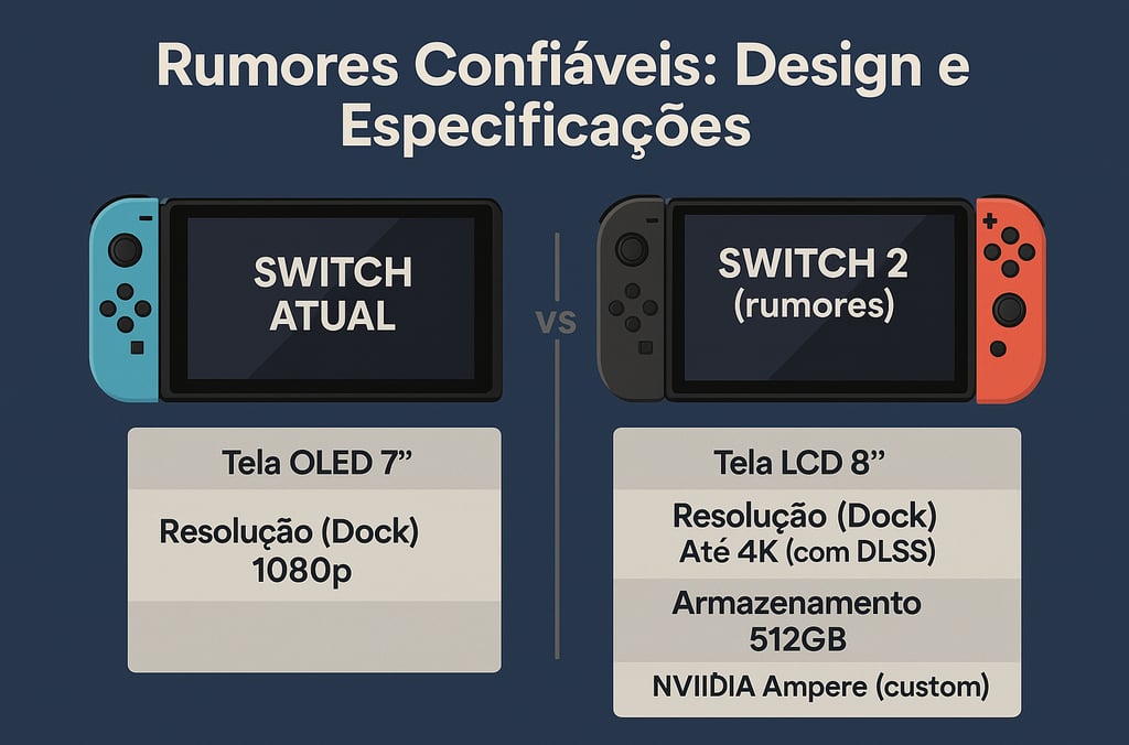Comparação visual entre o Nintendo Switch original e o Switch 2 com foco nas melhorias técnicas.