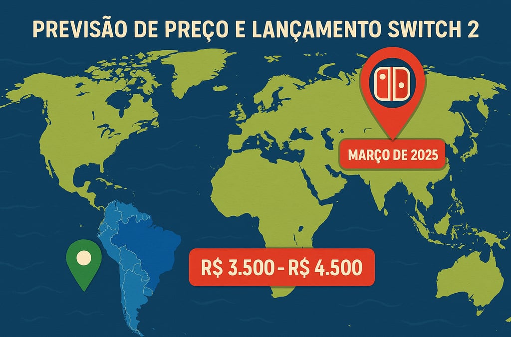 Mapa ilustrado mostrando países prioritários para o lançamento do Nintendo Switch 2.