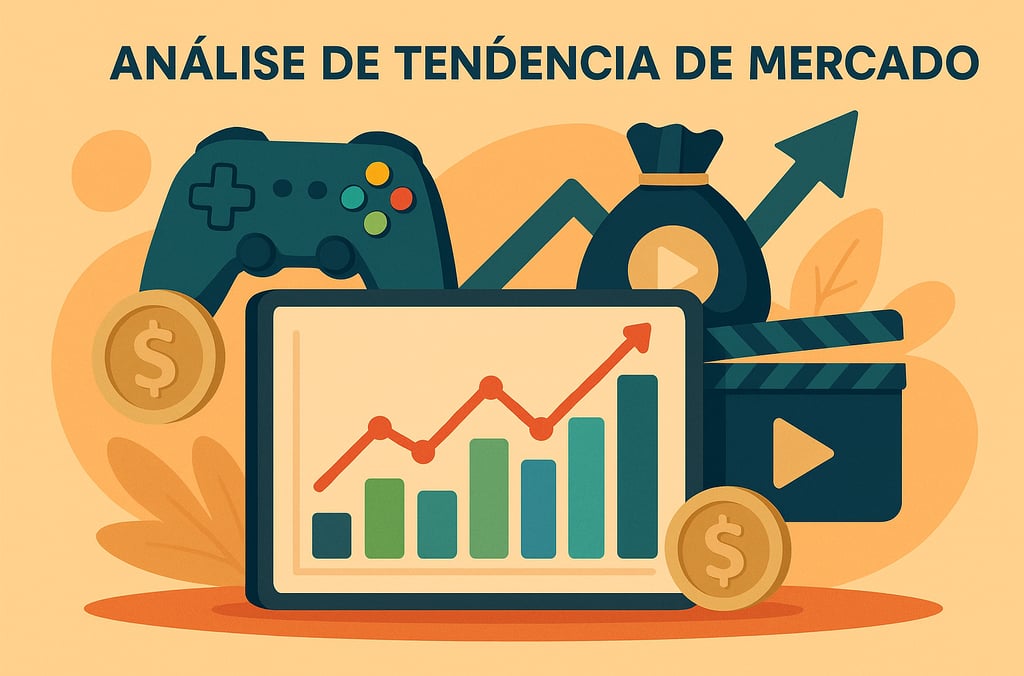 gráfico de crescimento e ícones de games, representando tendências de mercado no setor de jogos.
