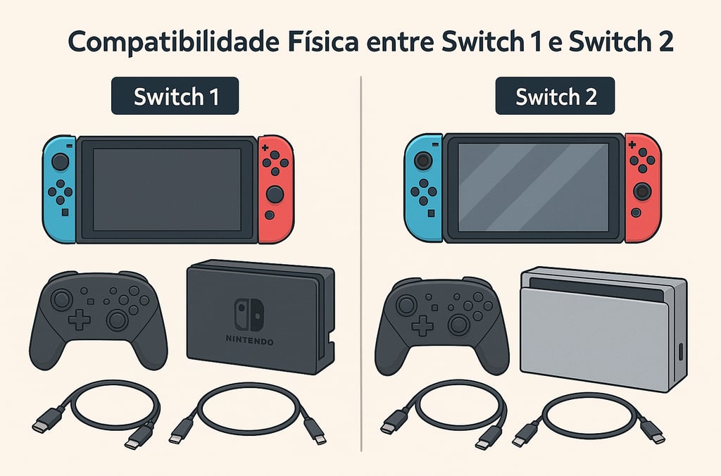 Infográfico sobre compatibilidade entre periféricos do Nintendo Switch 1 e Switch 2.