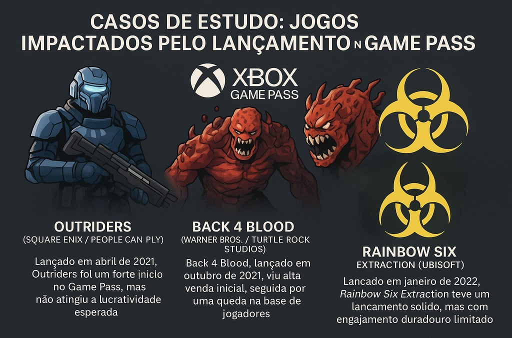 três jogos impactados pelo Game Pass: Outriders, Back 4 Blood e Rainbow Six Extraction.