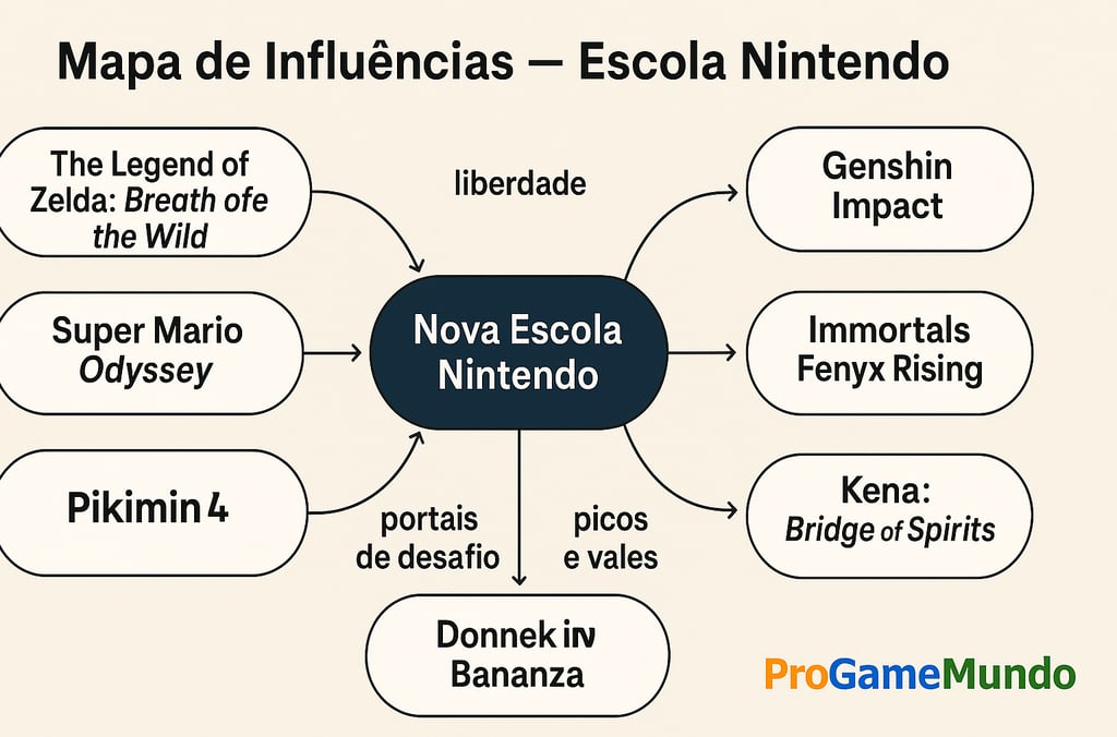 Mapa visual ligando jogos Nintendo a Genshin, Immortals e Kena