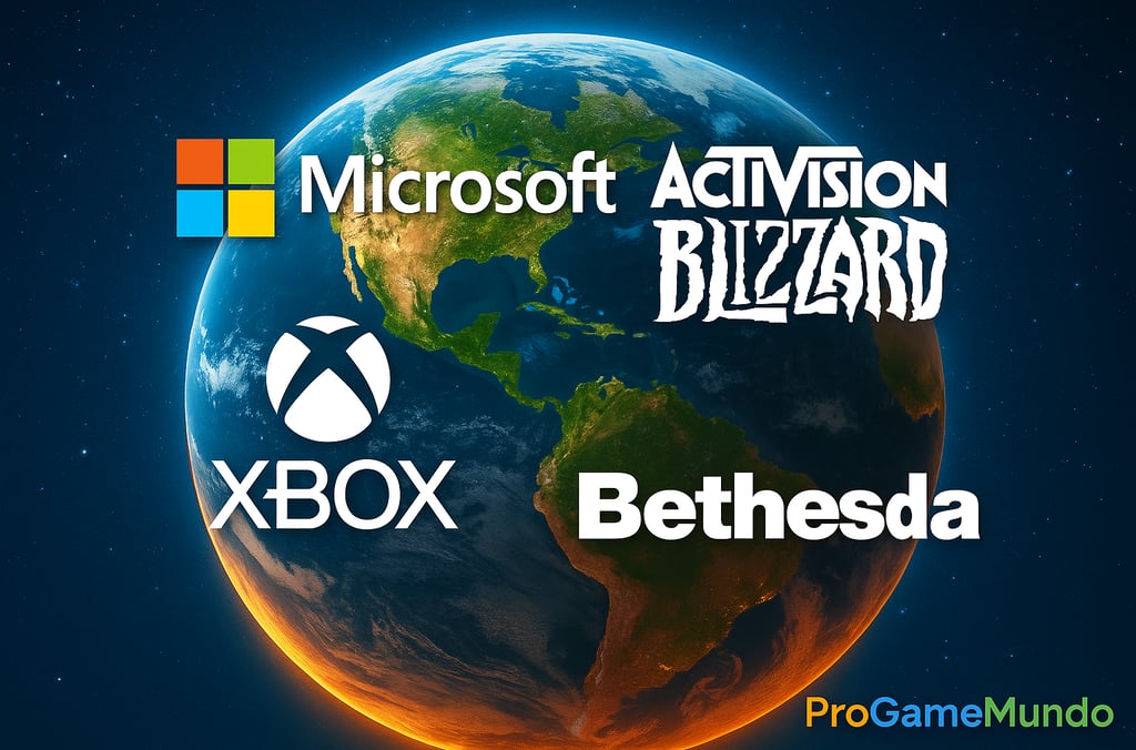 Planeta Terra com logos da Microsoft, Xbox, Bethesda e Activision Blizzard em destaque.