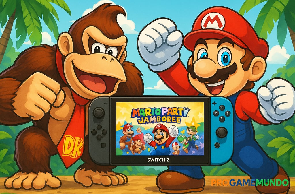 Donkey Kong e Mario posam animados com o Switch 2, promovendo seus novos jogos de lançamento.