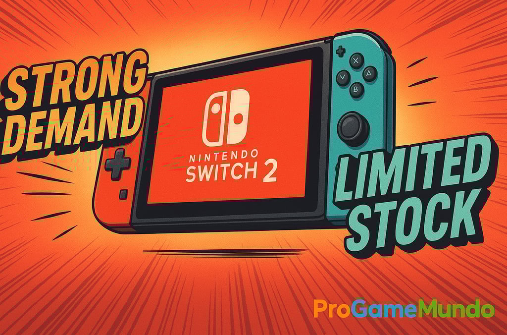 Nintendo Switch 2 com palavras em destaque ‘forte demanda’ e ‘estoque limitado’, simulando o impacto