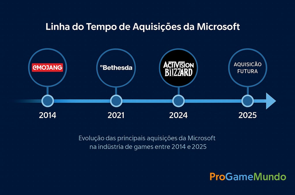 Linha do tempo das aquisições da Microsoft em games de 2014 a 2025.