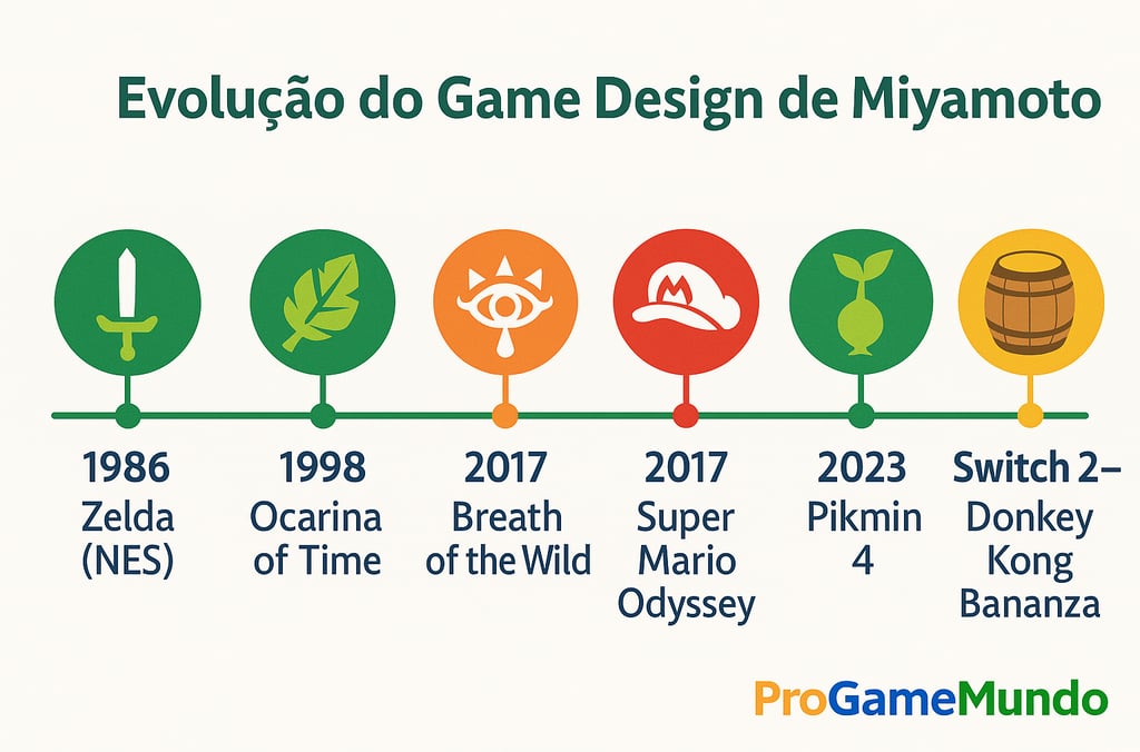 Infográfico 16:9 da evolução do design de Miyamoto com timeline de 1986 ao Switch 2